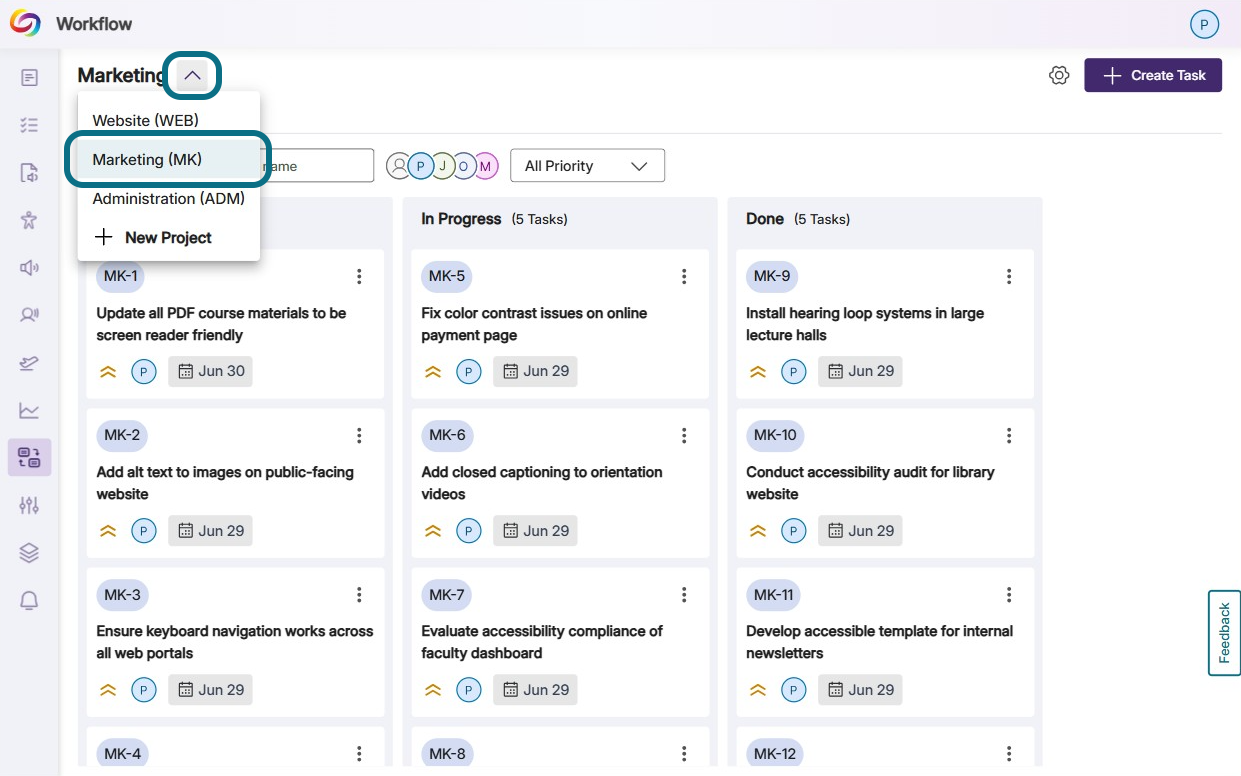 The project drop down menu located next to the project name.