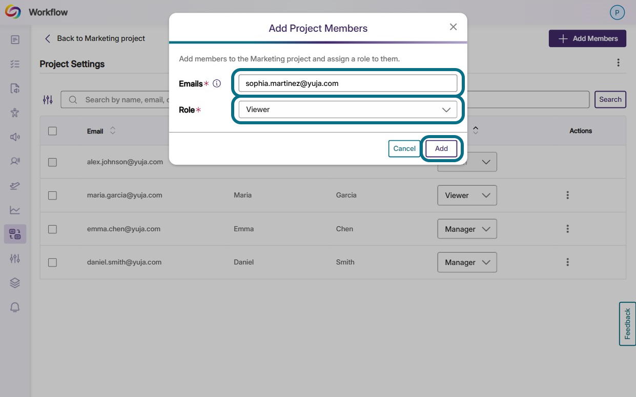 The Email, Role fields, and the add button in Add Project Members window.