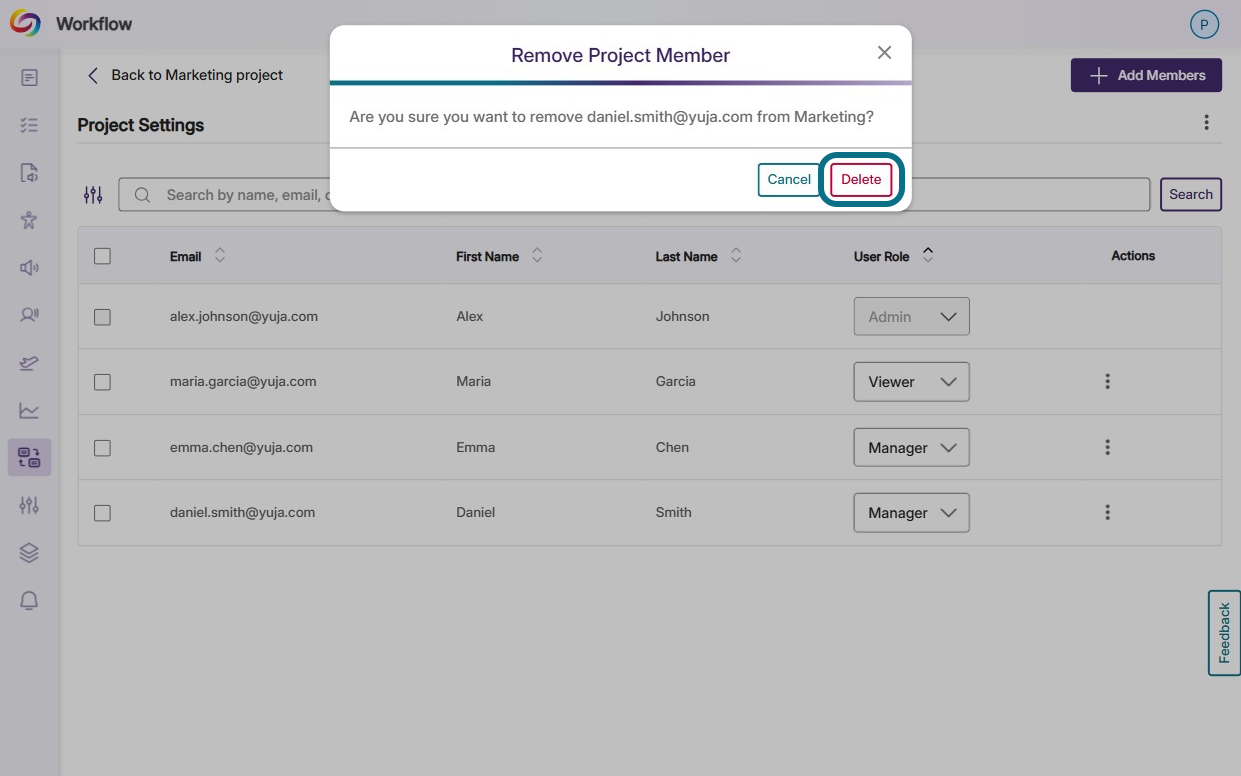 The delete button within the Remove Project Member window.