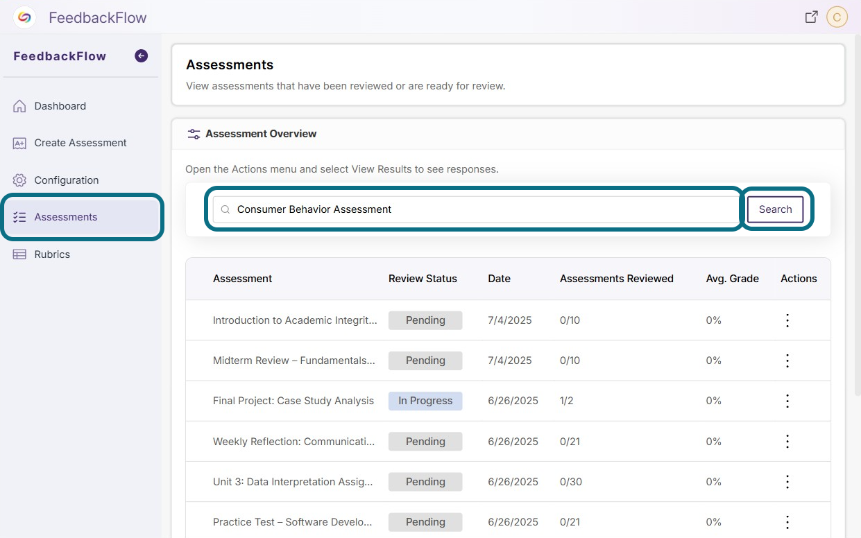 The Assessment tab and search field is highlighted in FeedbackFlow