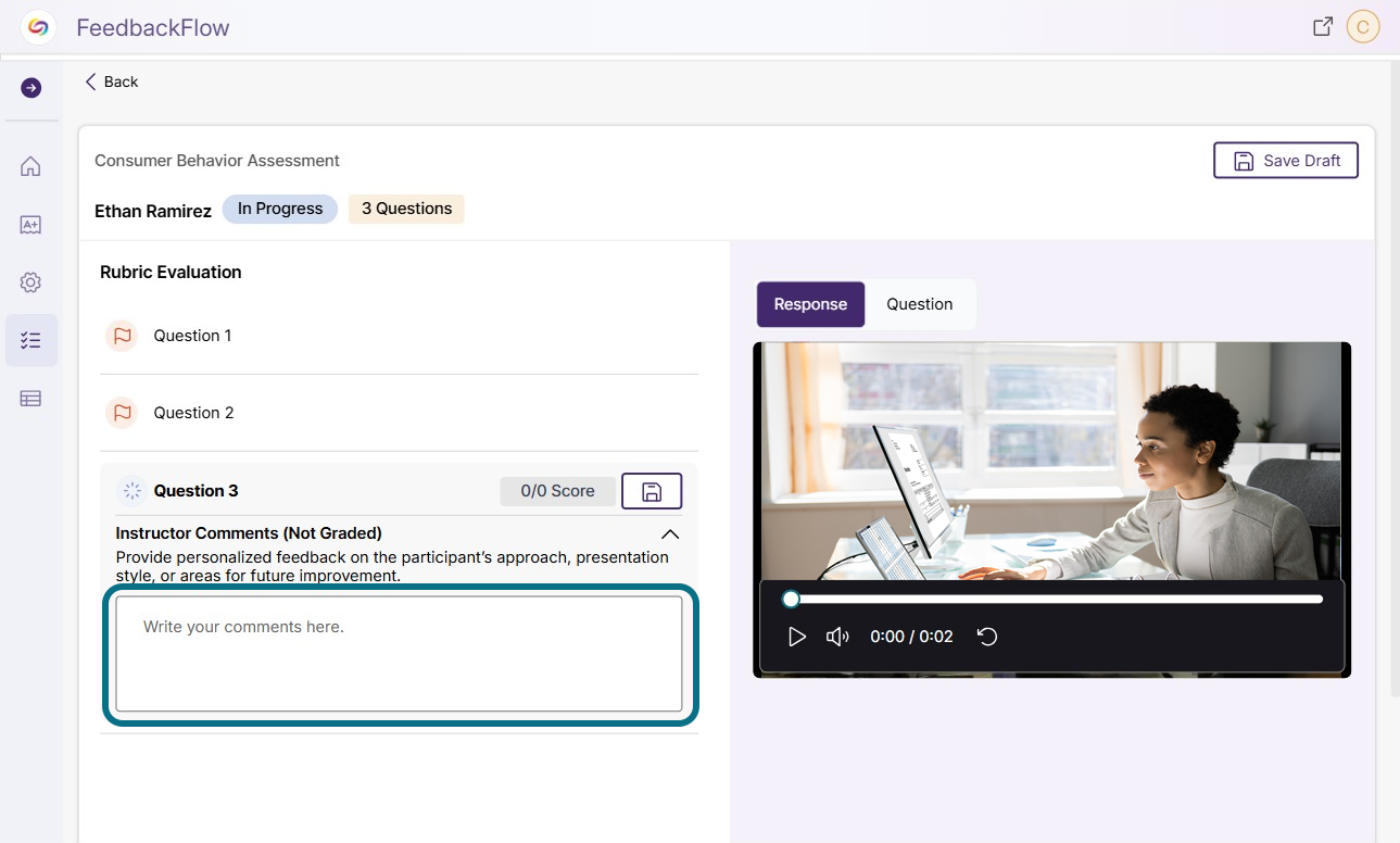 The comment box is highlighted or the non-gradable questions.