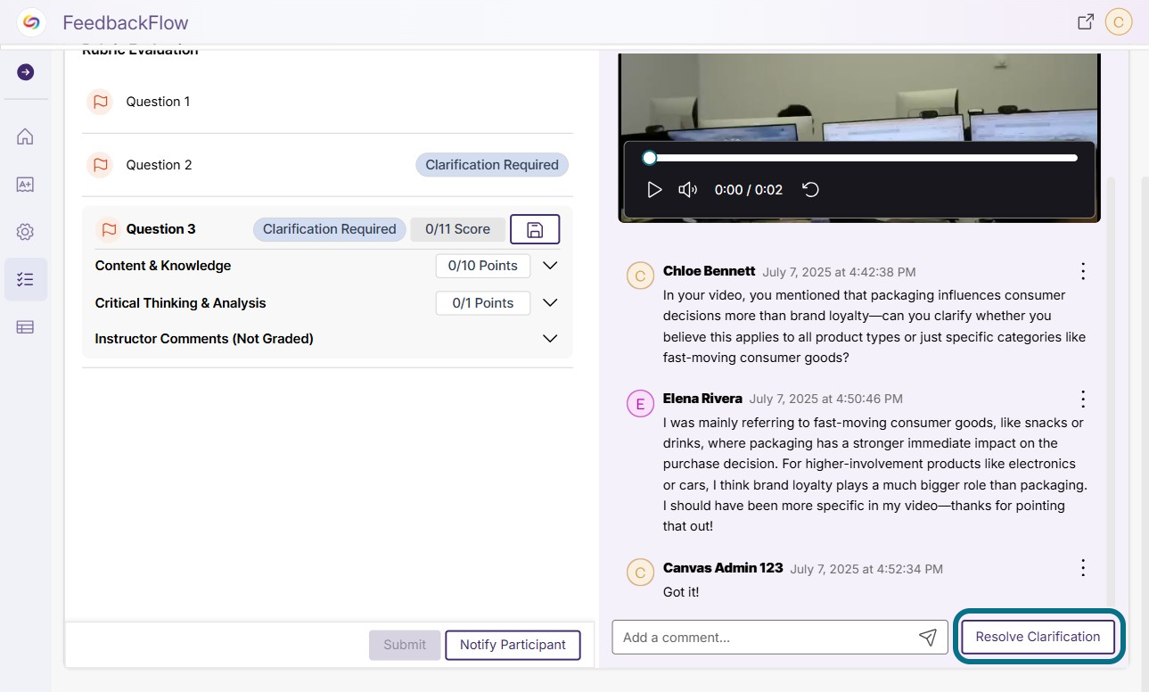 The Resolve Clarification button is next to the add a comment text box.