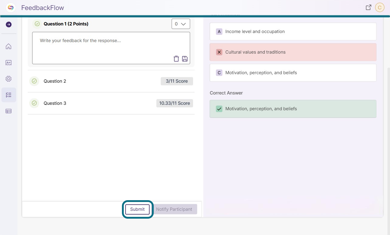The submit button is highlighted within the rubric evaluation page.