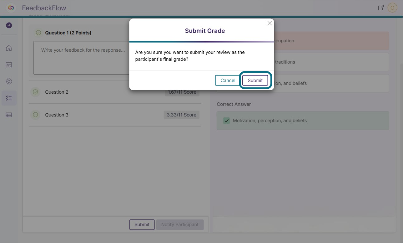 The Submit button is highlighted within the submit grade window.