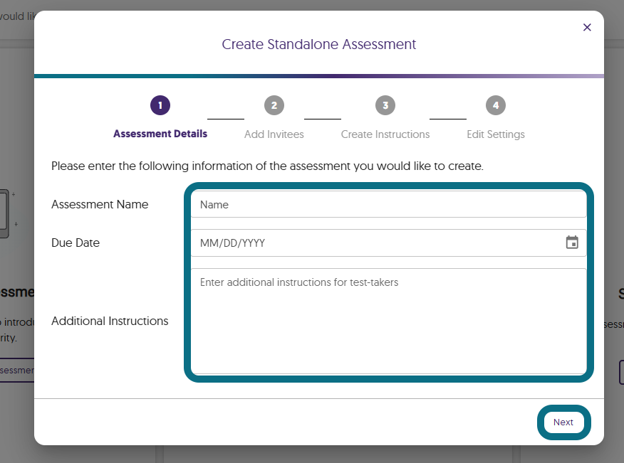 The Create Standalone Assessment window with the assessment details fields and the Next button highlighted.