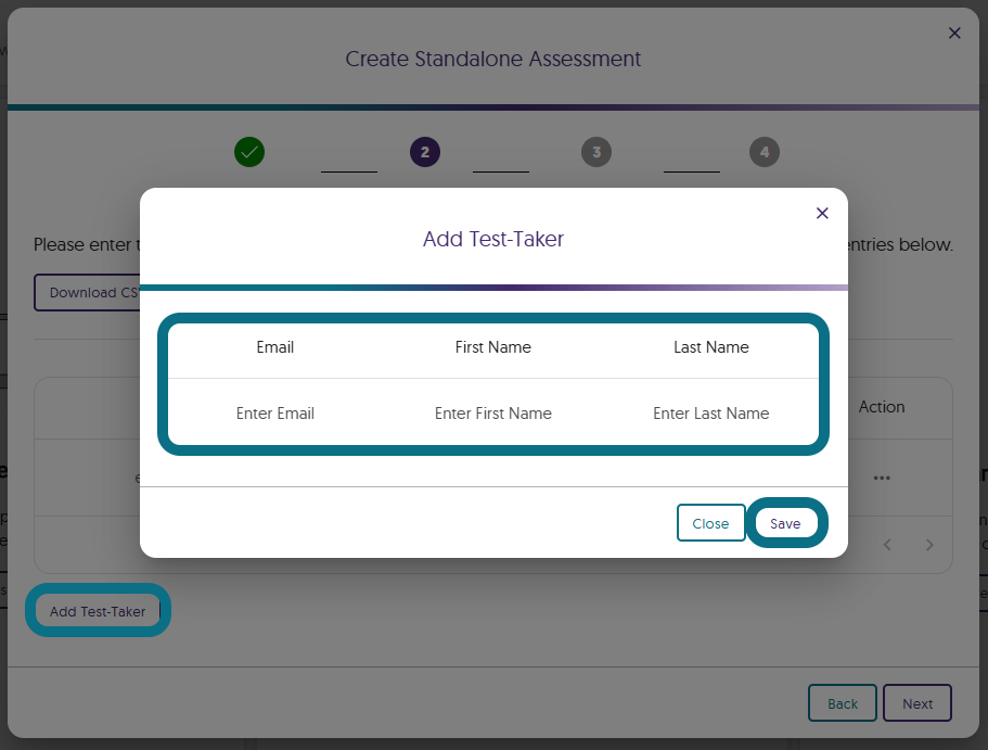 The Create Standalone Assessment window with the Add Test-Taker fields and the Save button highlighted.