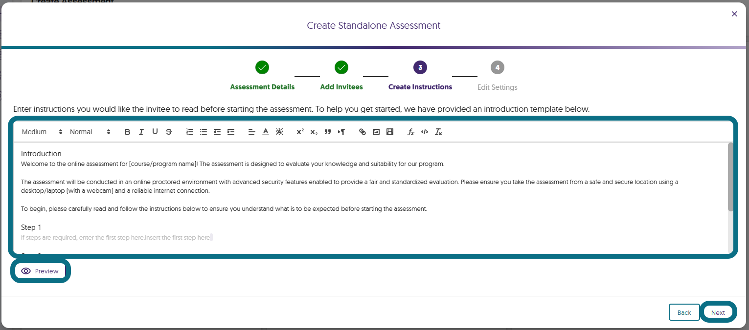 The Create Standalone Assessment window with the instructions fields, the Preview button, and the Next button highlighted.