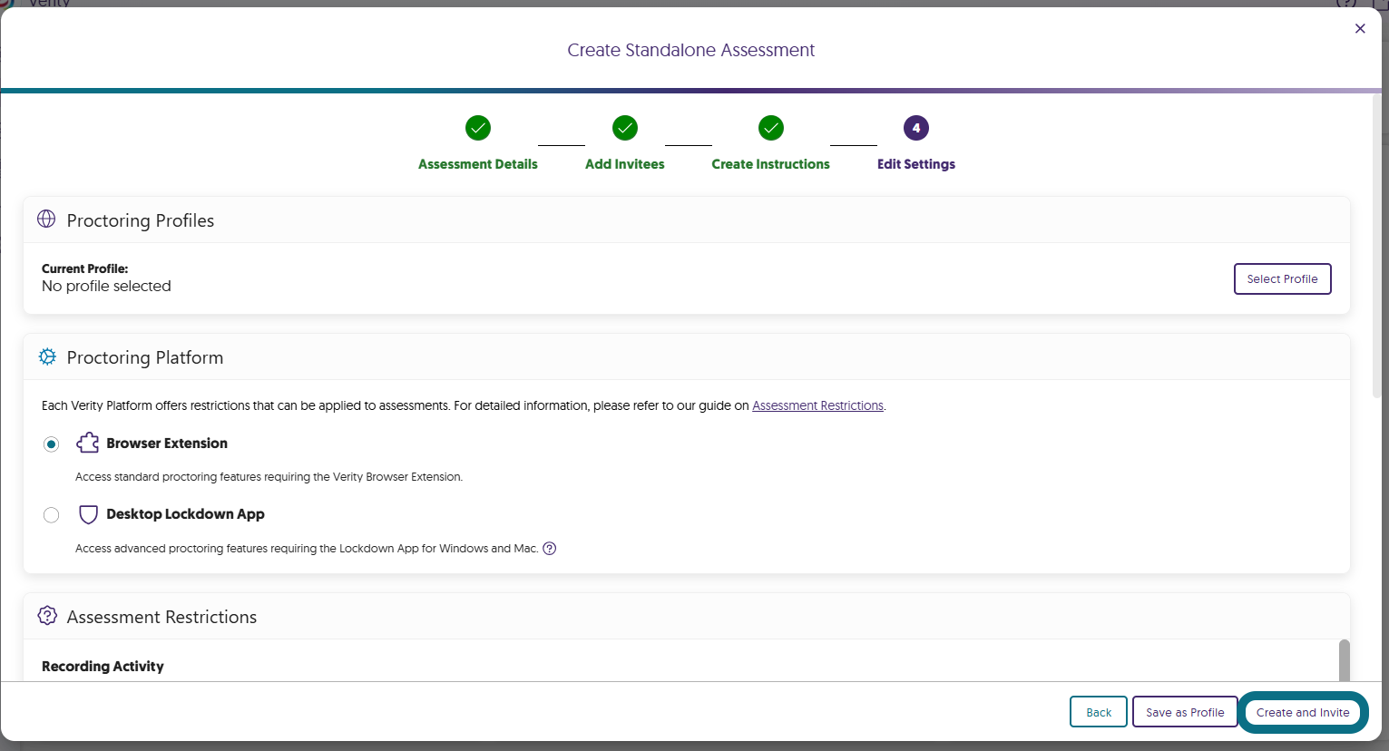 The Create Standalone Assessment window with the Edit Settings' fields and the Create and Invite button highlighted.