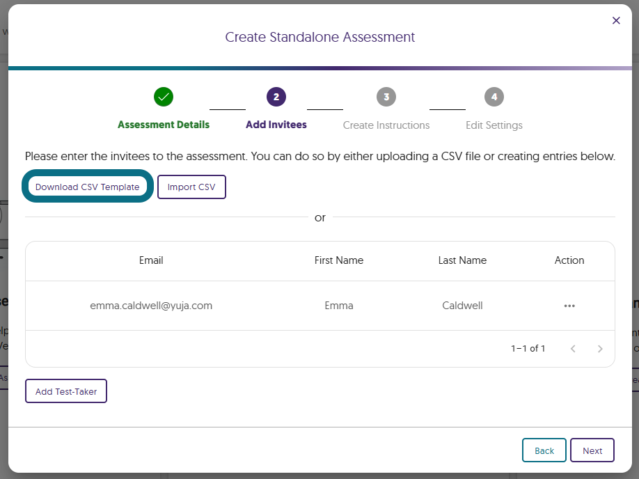 The Create Standalone Assessment window with the Download CSV Template button highlighted.