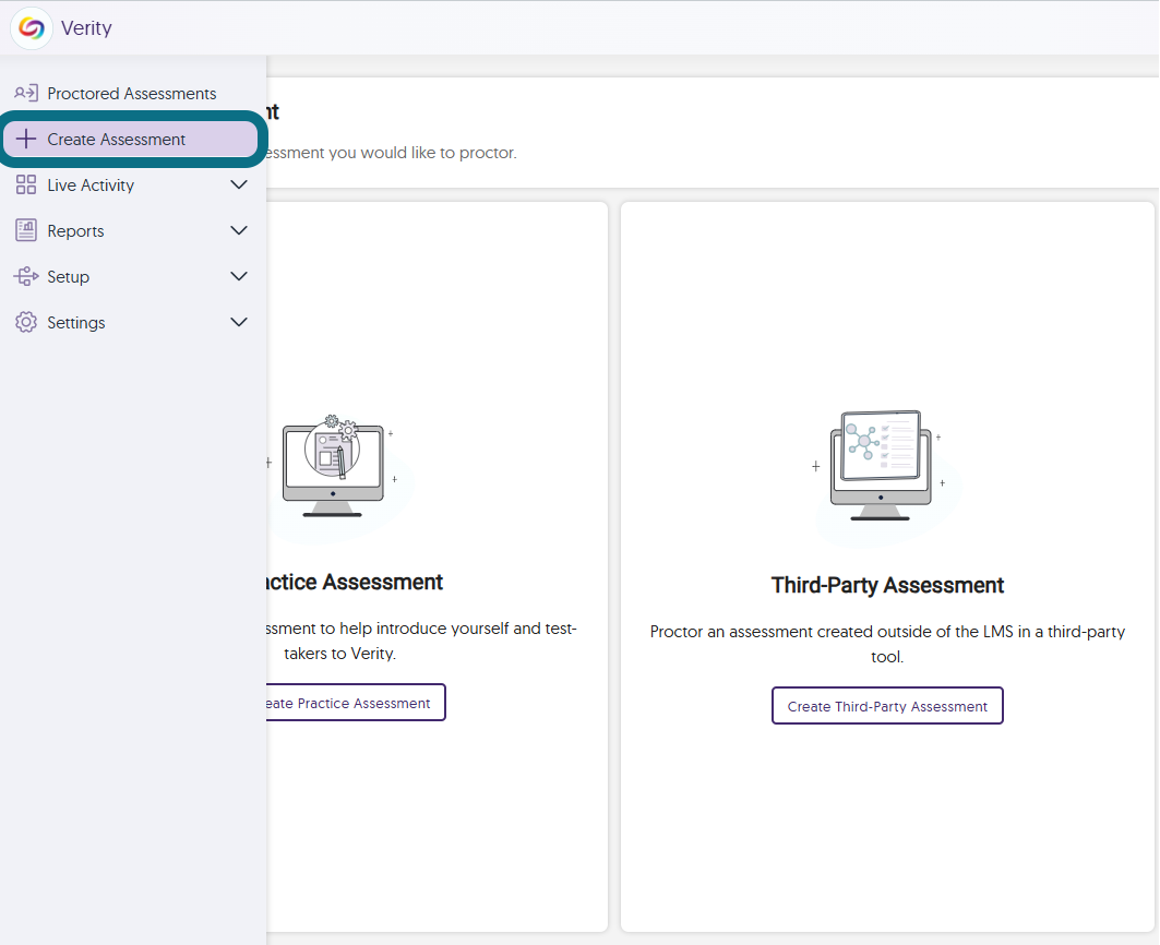 The Verity page with the Create Assessment button highlighted in the side panel.