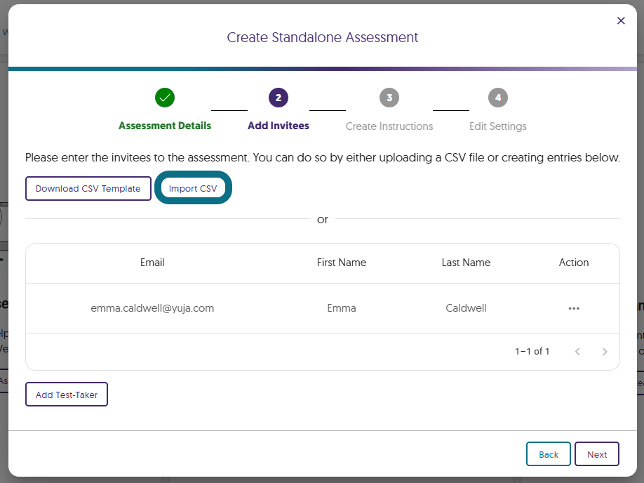 The Create Standalone Assessment window with the Import CSV button highlighted.