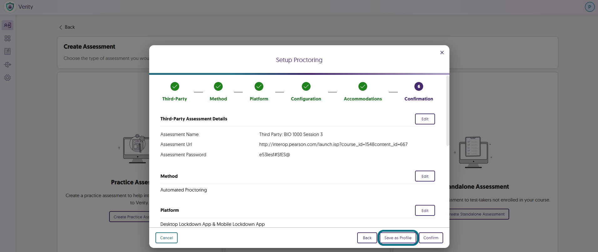 Verity saving settings for future assessments