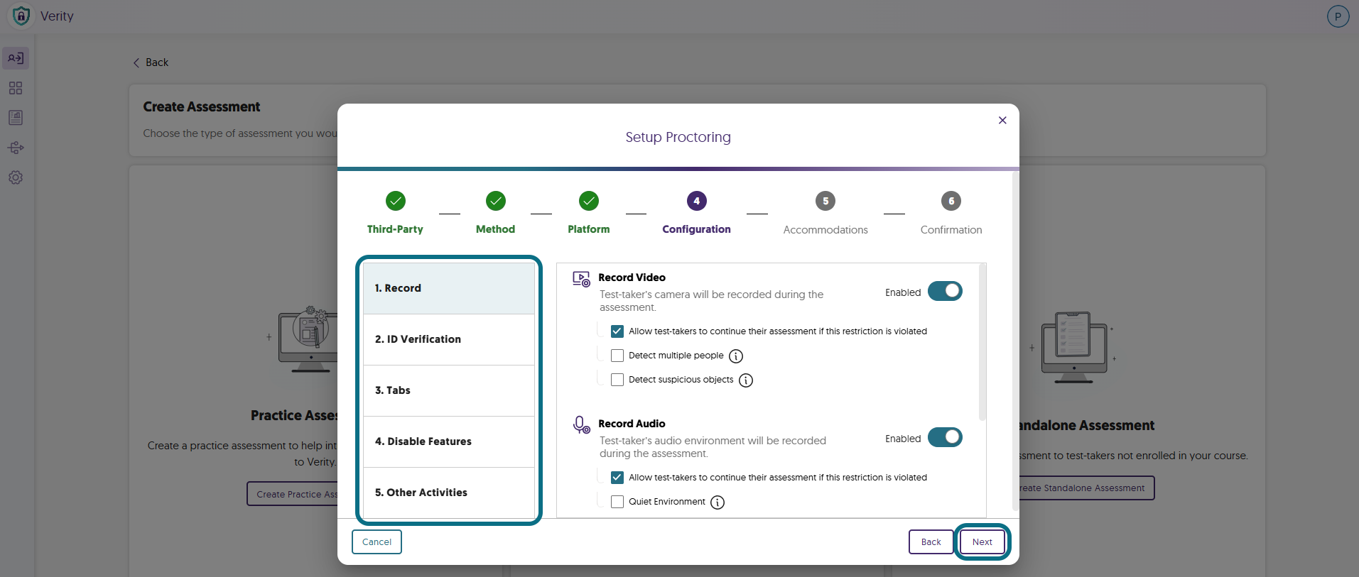 Verity proctoring configurations