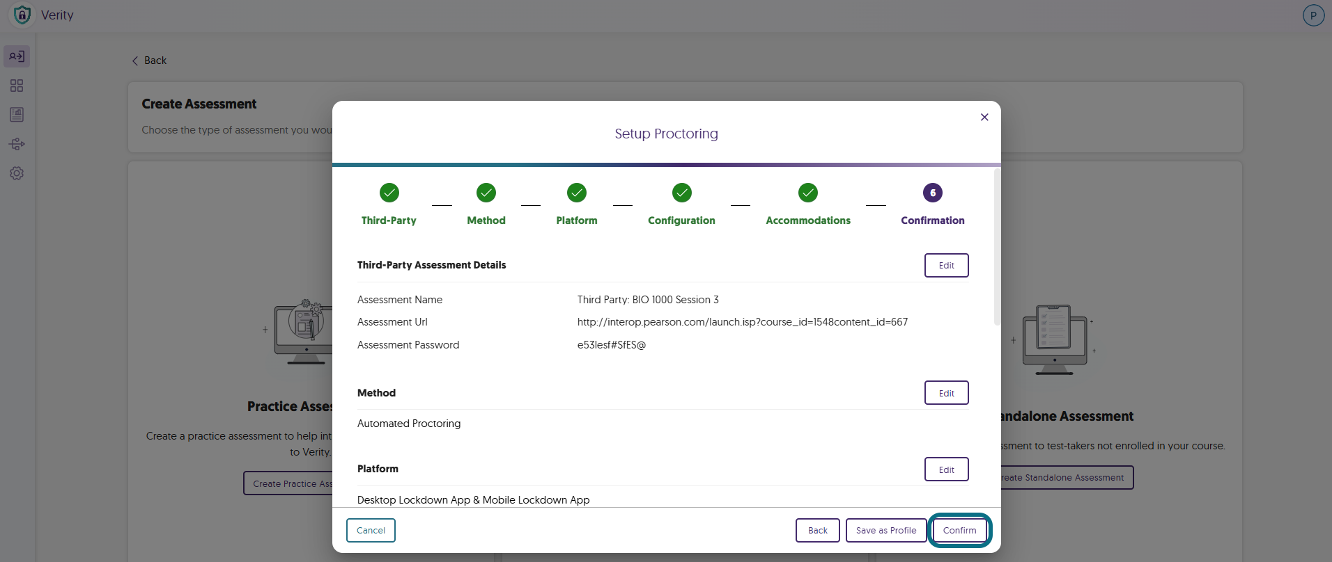Verity Confirming assessment proctoring settings