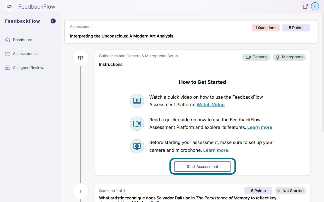 The Start Assessment button within the quiz.