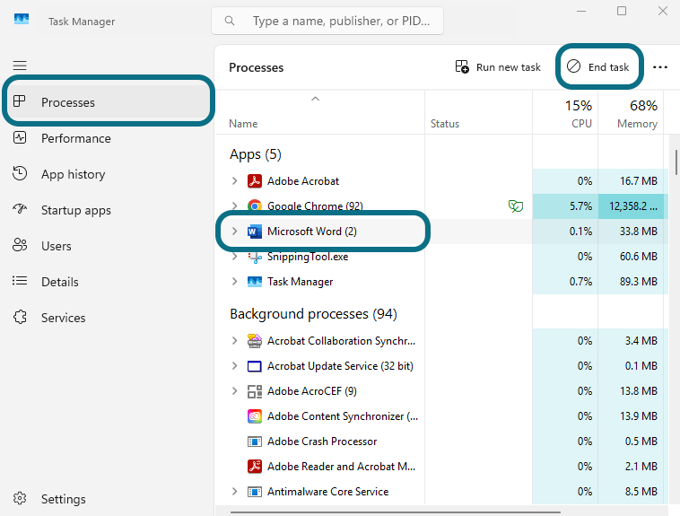 task manager on Windows device.