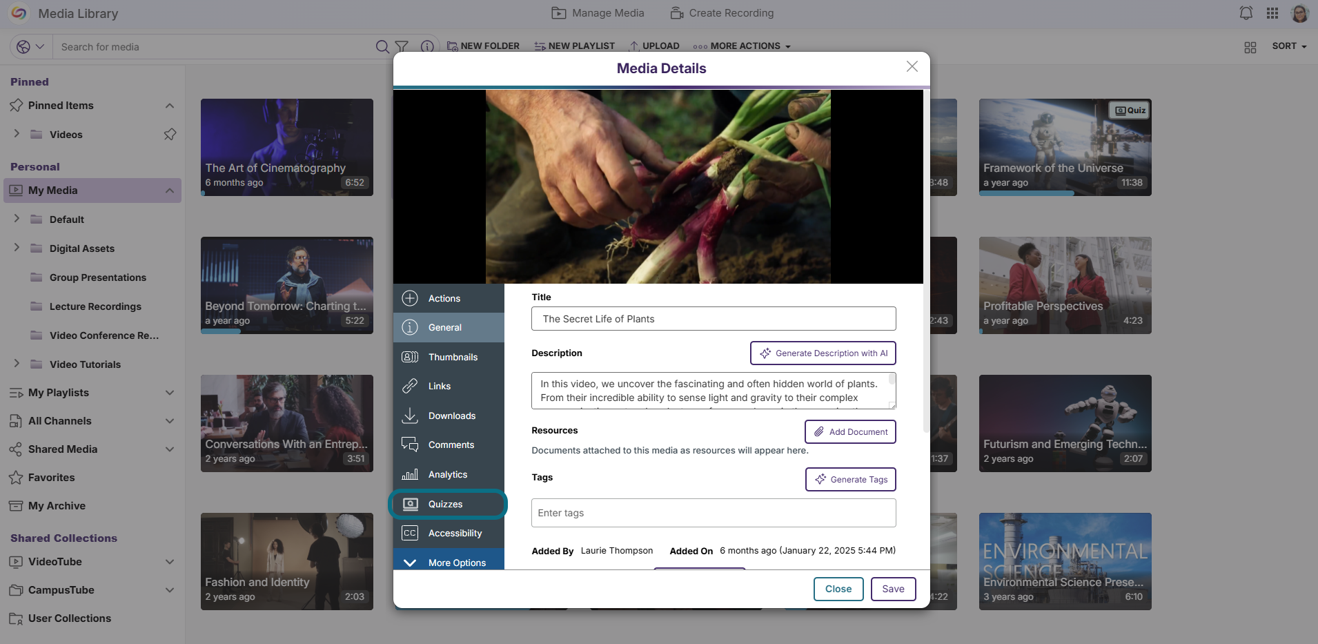 Video Platform select Quizzes