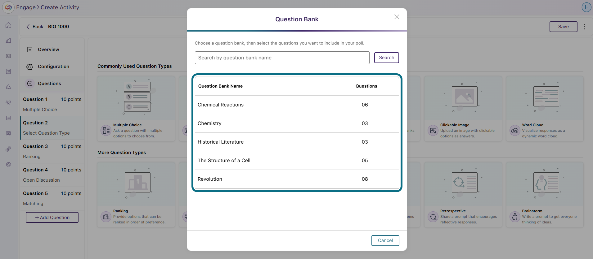 Engage click on question bank