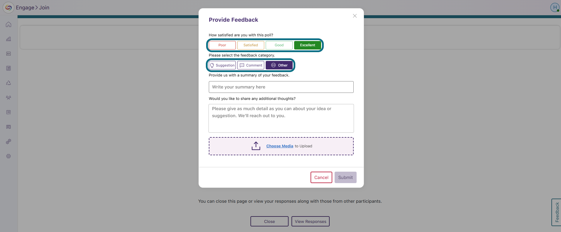 Engage satisfaction level and feedback category