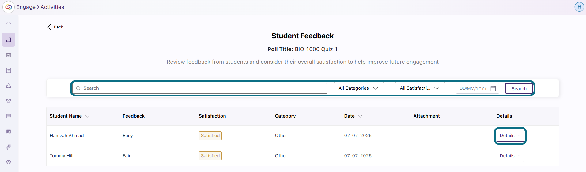 Engage select feedback details