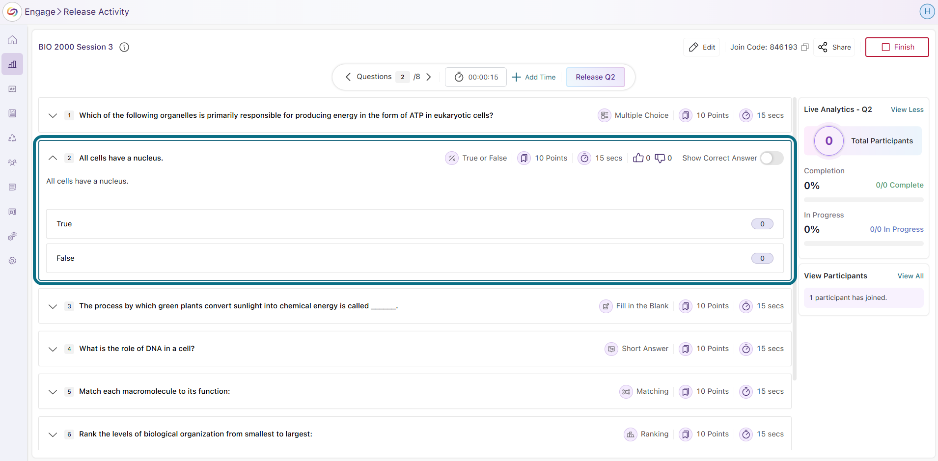 Engage select a question to release