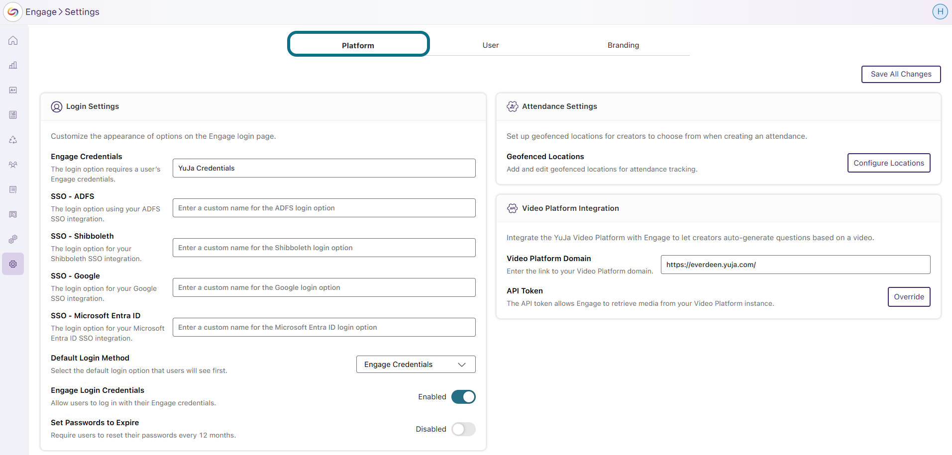 Engage Platform settings