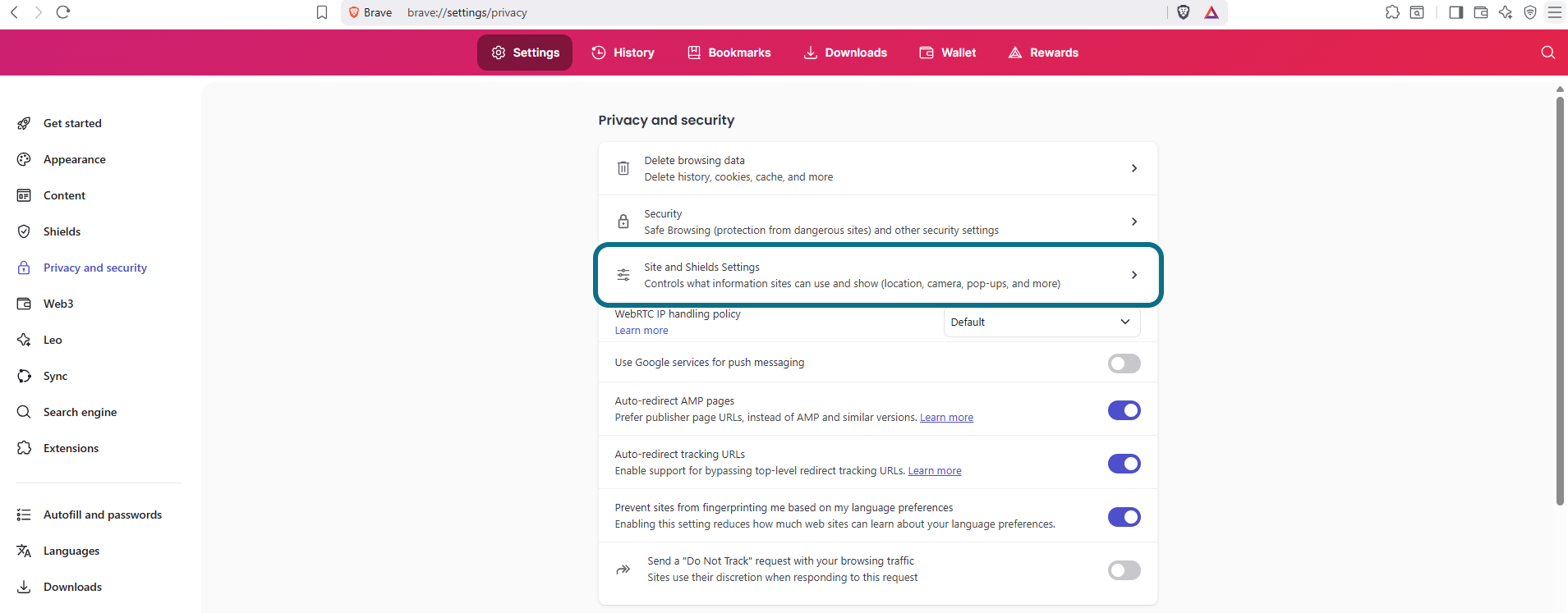 Brave Site and Shields Settings