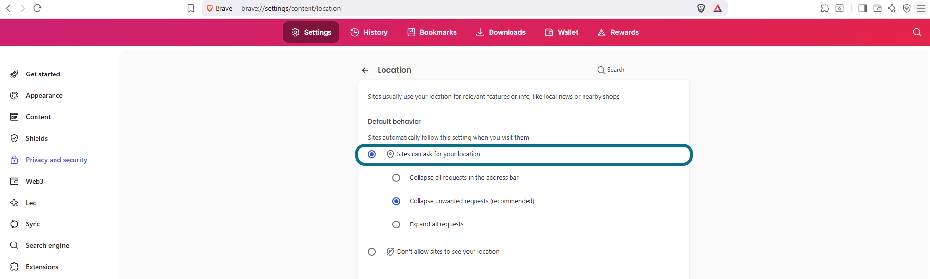 Brave Sites can ask for your location