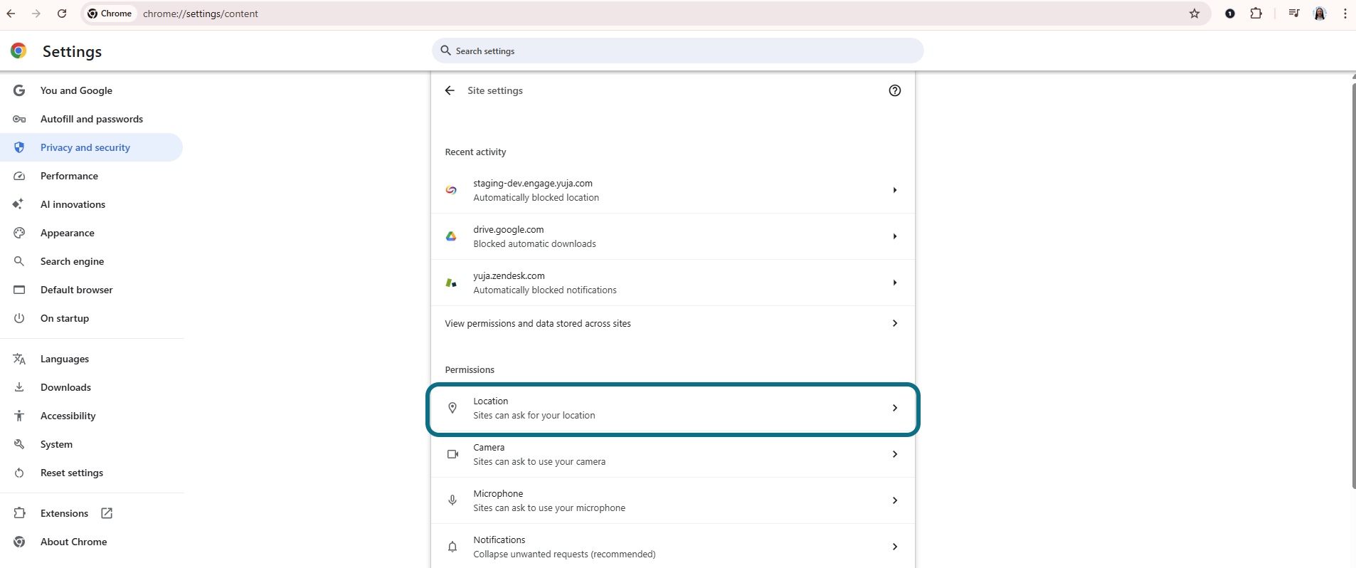 Chrome Site settings