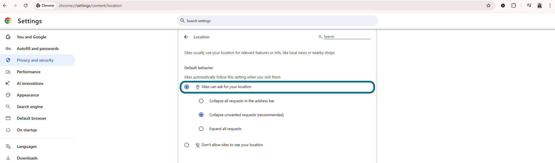Chrome Sites can ask for your location