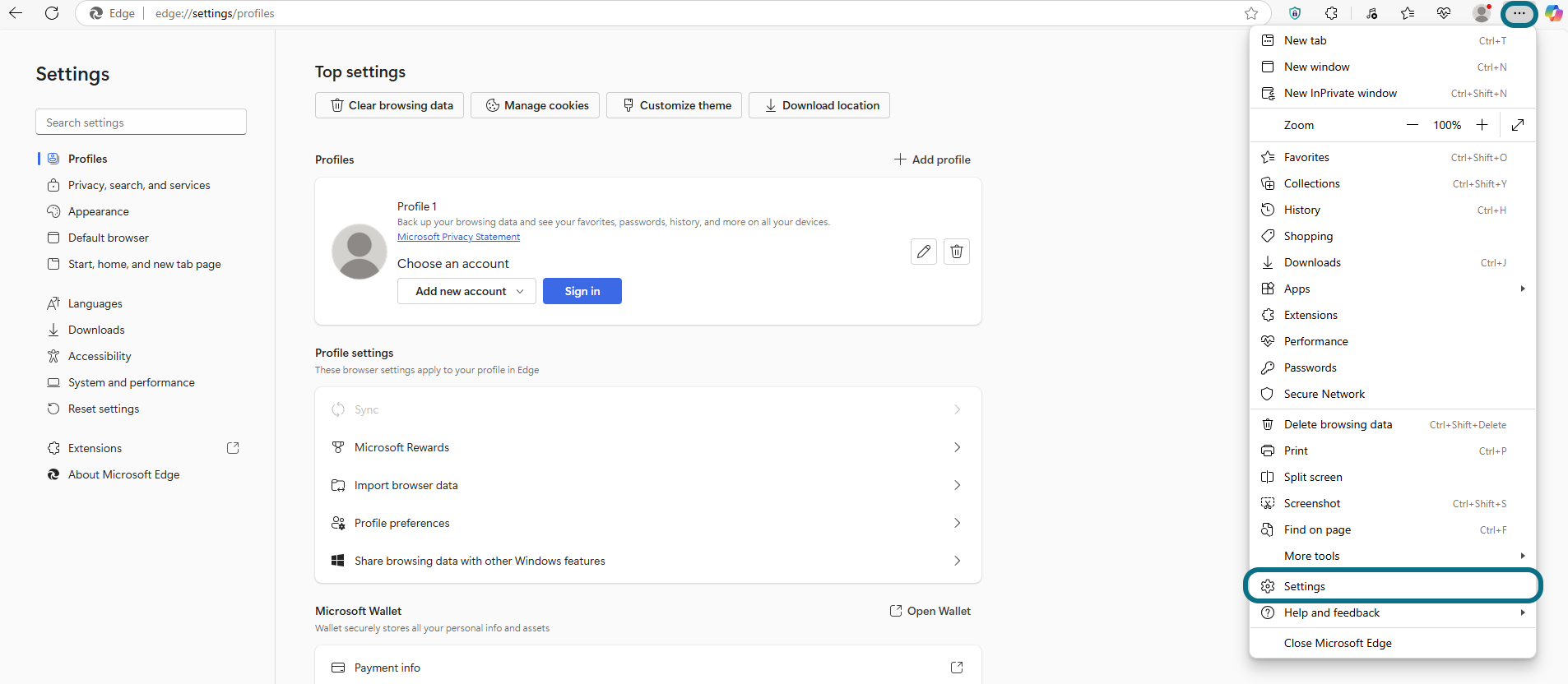 Edge Settings and more button