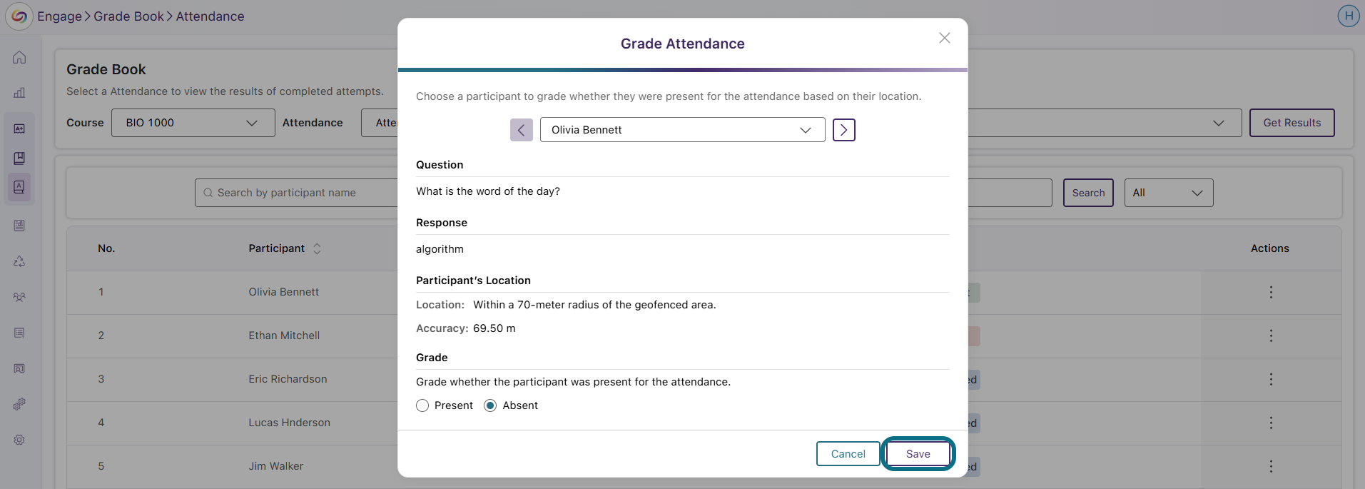 Engage save attendance grade