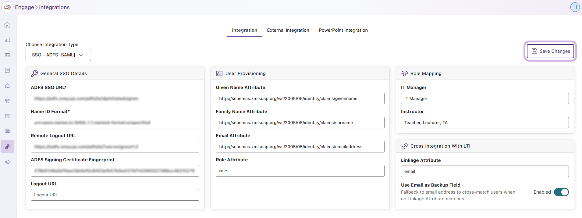 Engage saving changes for the integration