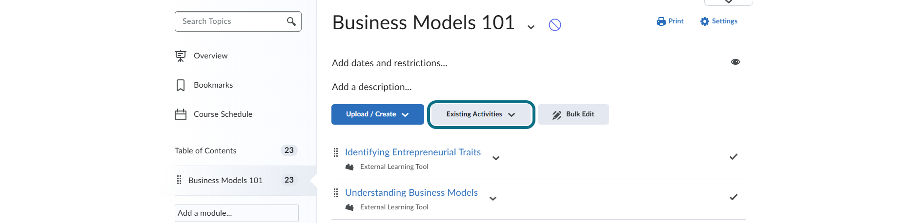 D2L Brightspace click Existing Activities