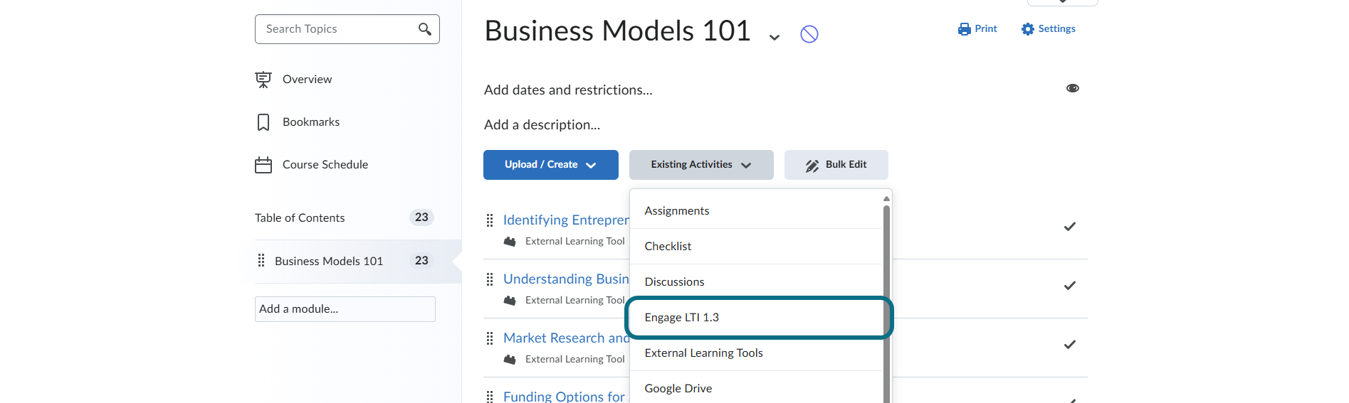 D2L Brightspace select the LTI link