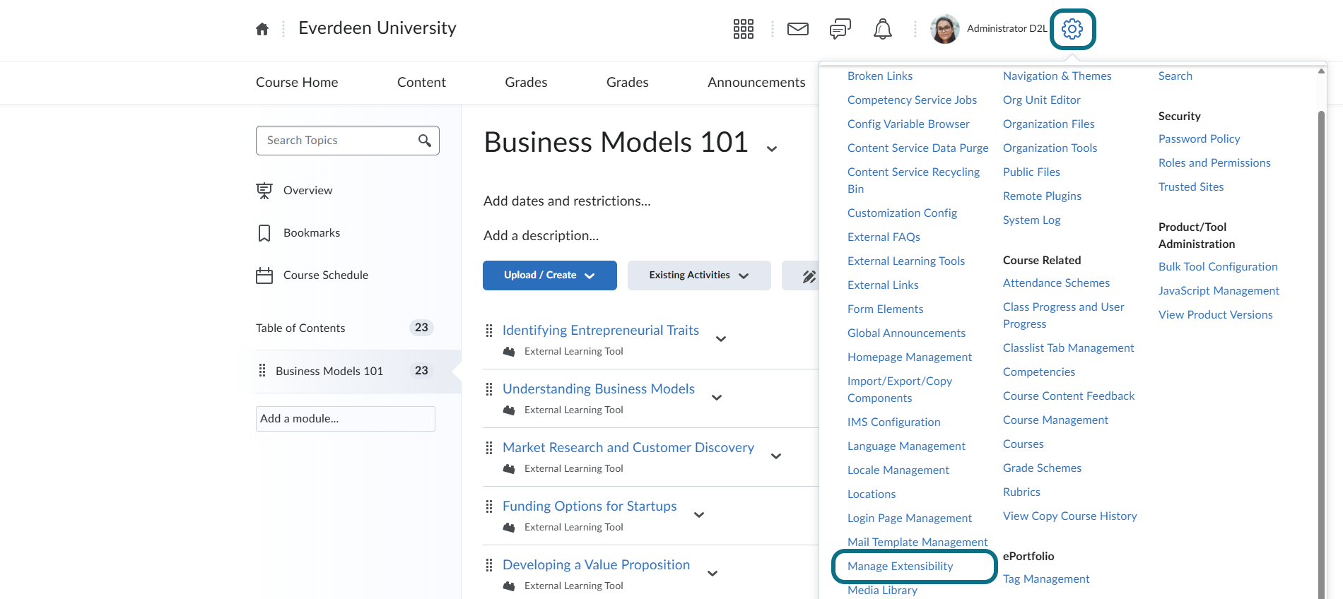 D2L Brightspace Manage Extensibility