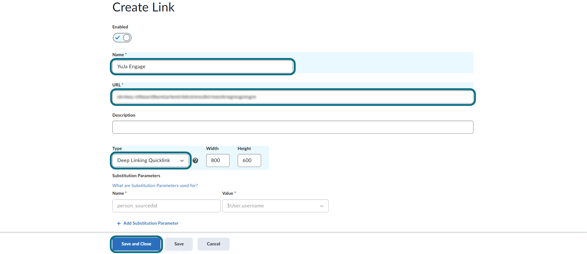 D2L Brightspace enter the Deep Linking Quicklink information