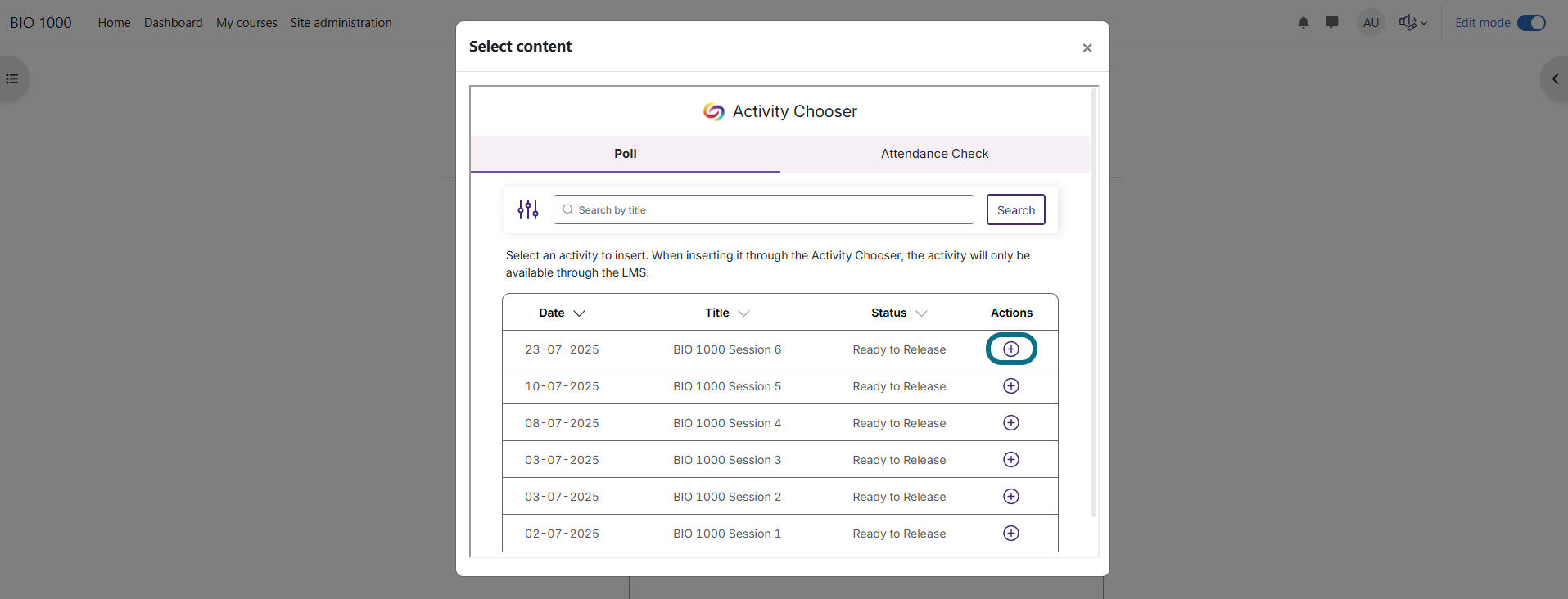 Moodle select the poll or attendance