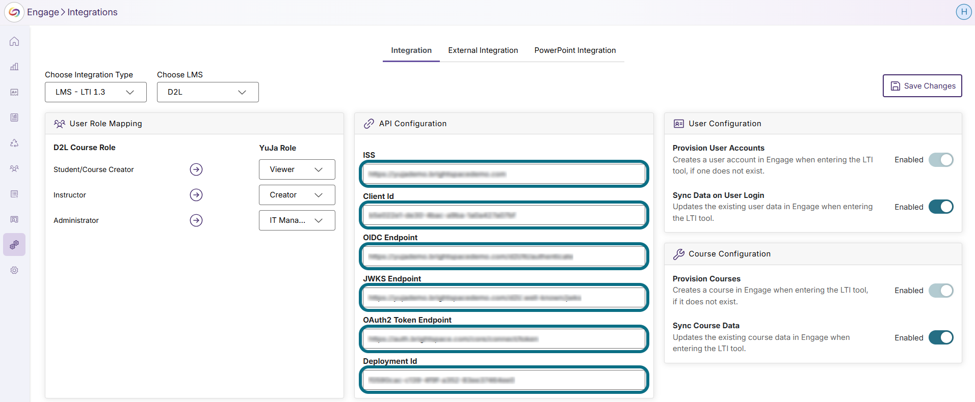 Engage API configuration information