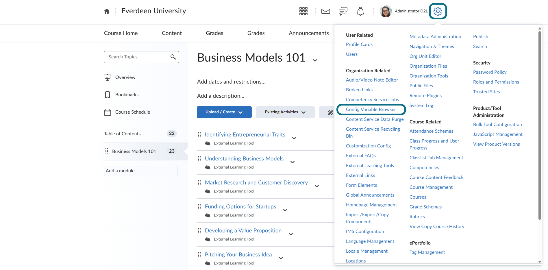 D2L Brightspace Config Variable Browser