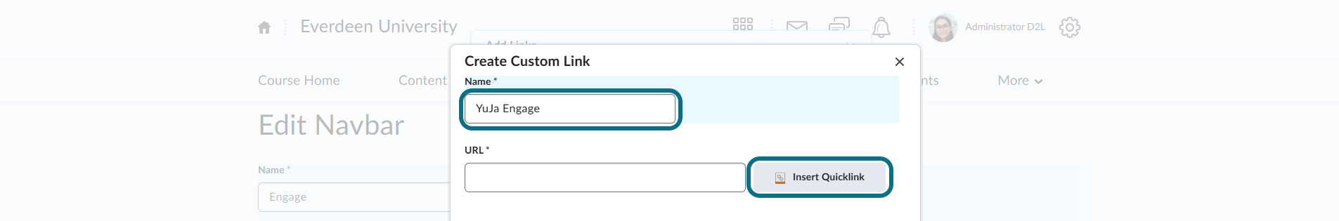 D2L Brightspace add Custom Link information