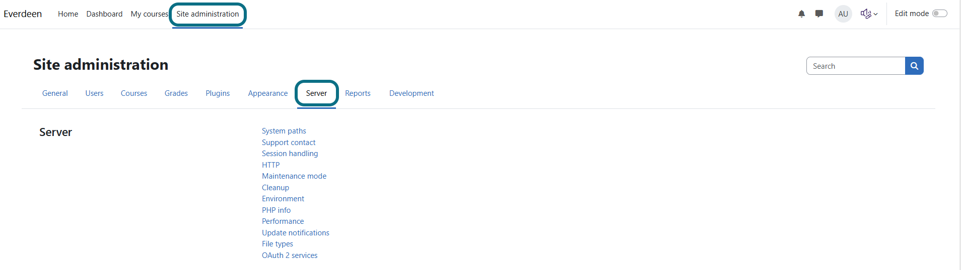 Moodle select the server tab