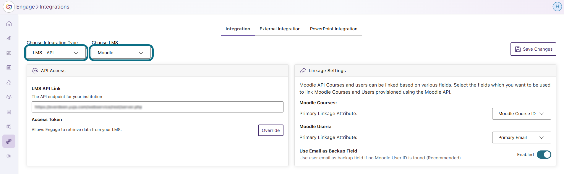 Engage select integration type and LMS