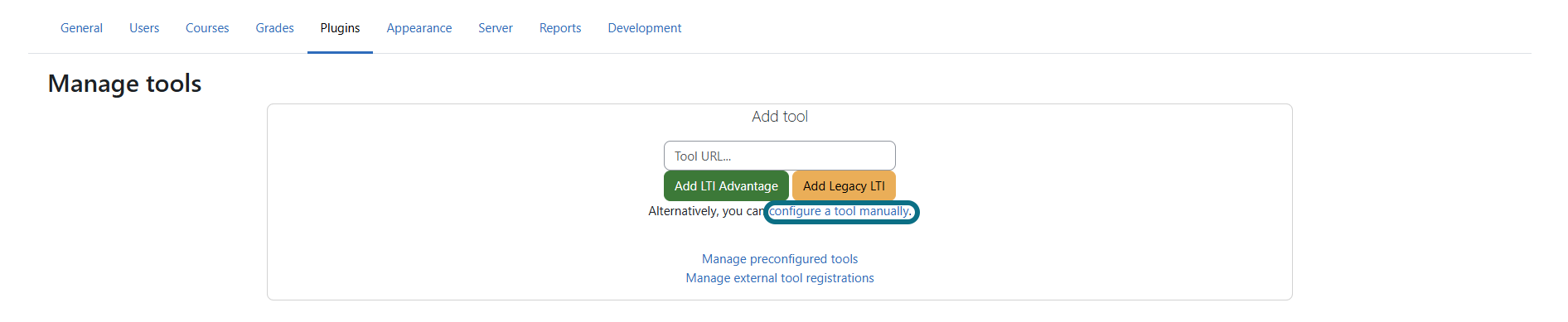 Moodle click configure a tool manually