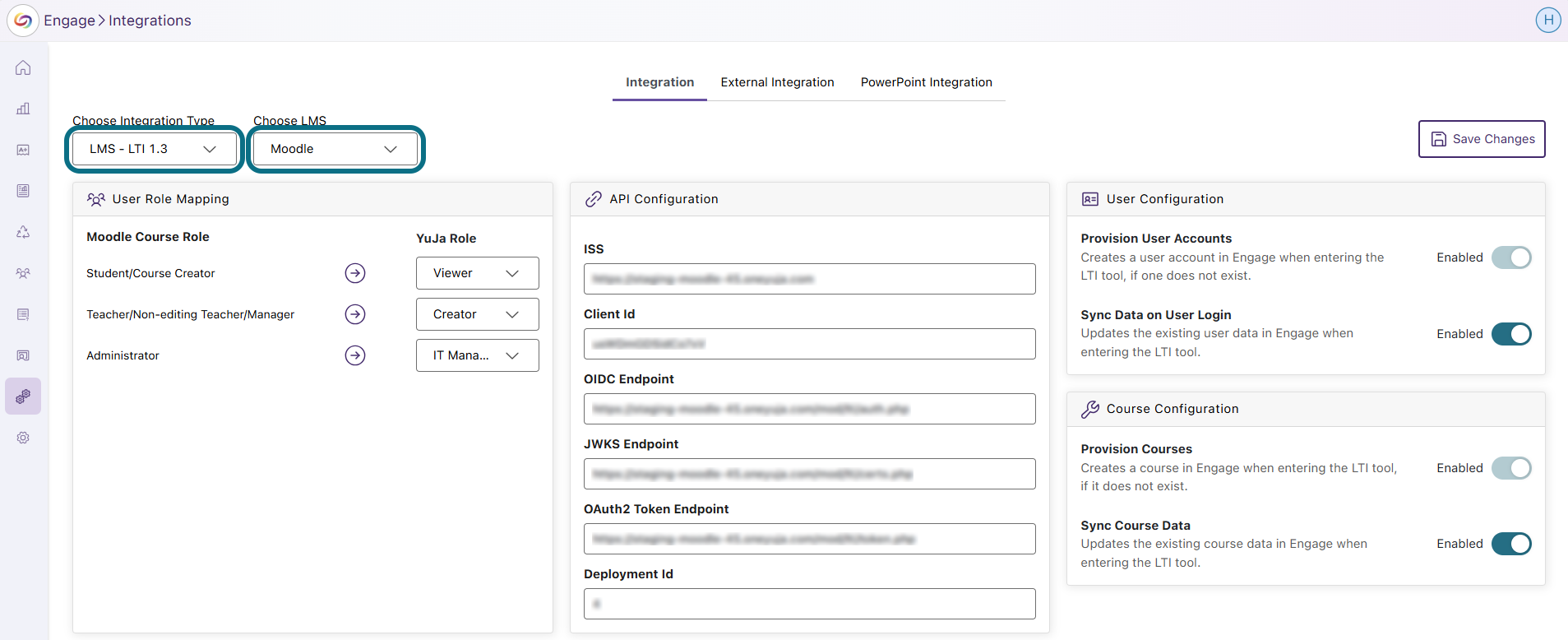 Engage select Integration Type and LMS