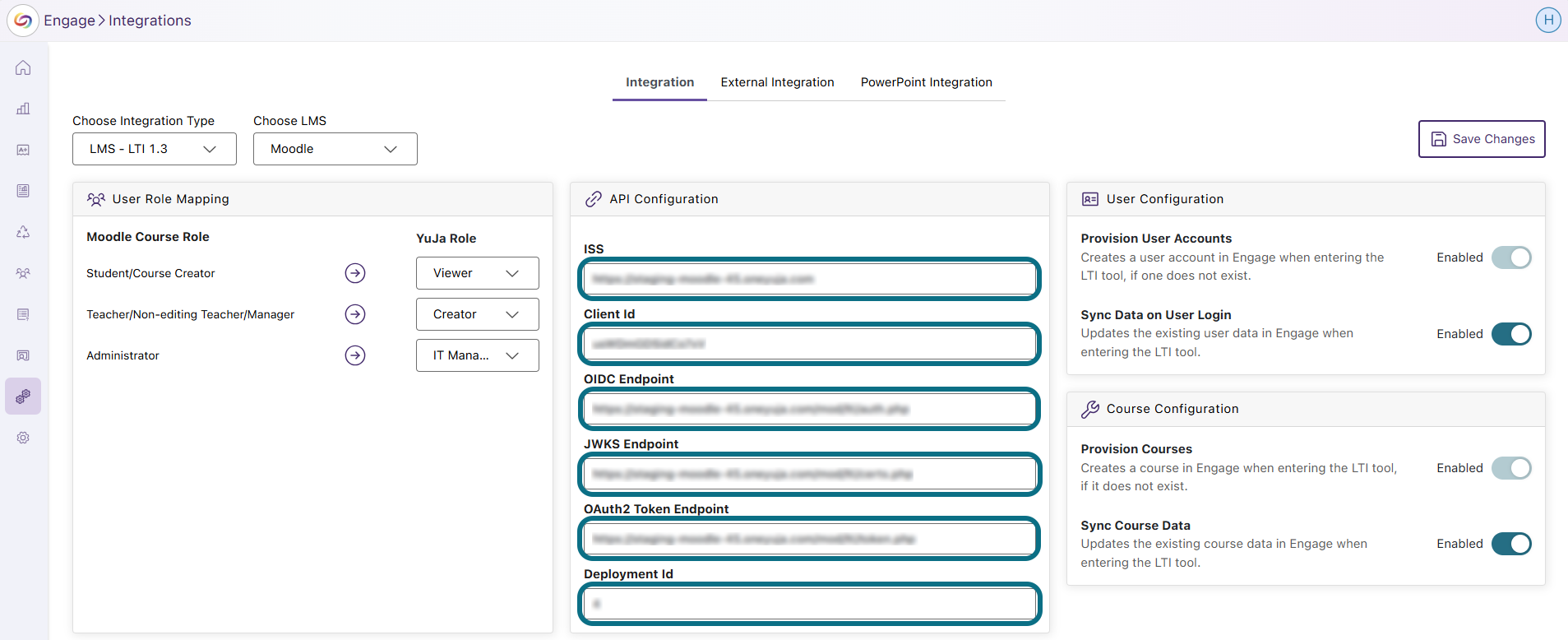 Engage enter the API Configuration settings