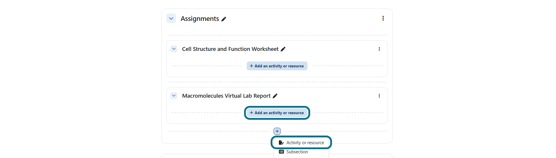 Moodle add an activity or resource