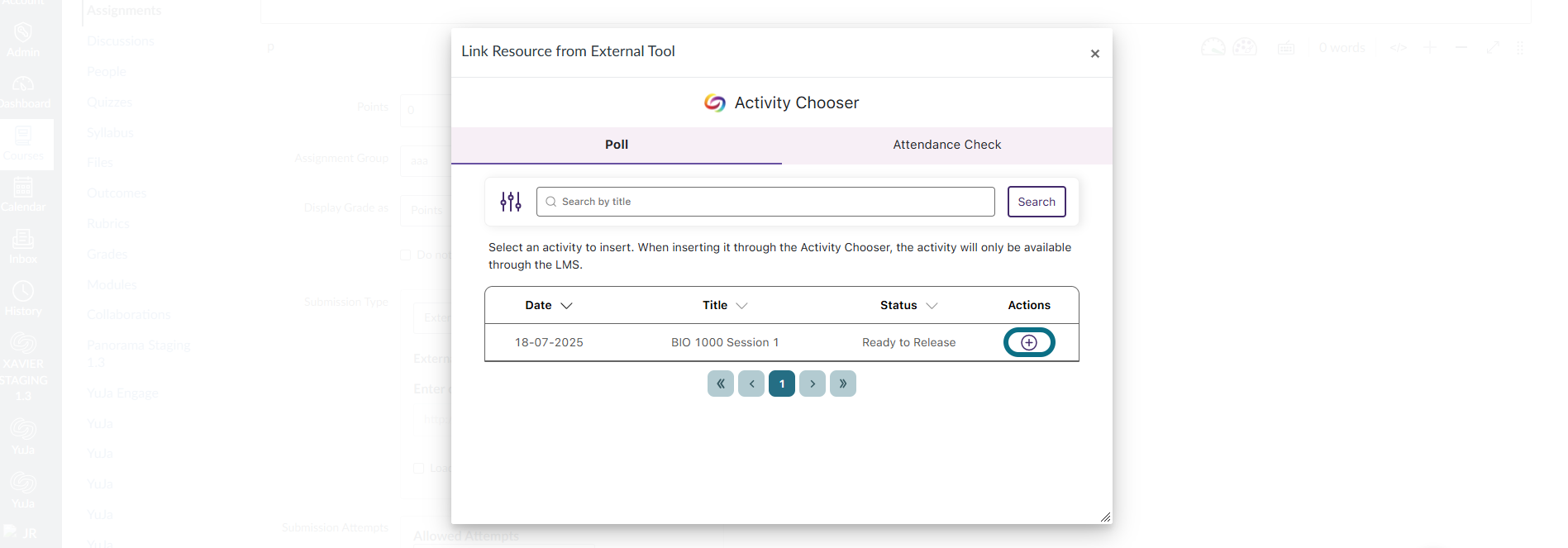 Canvas Activity Chooser window
