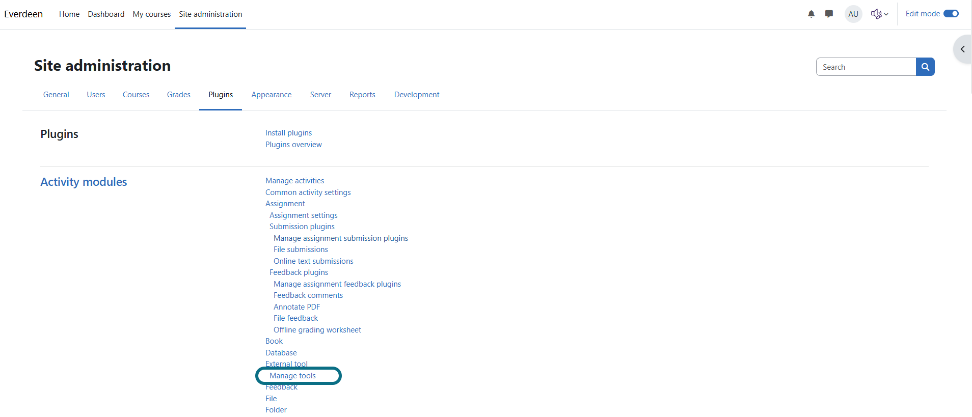 Moodle select Manage tools