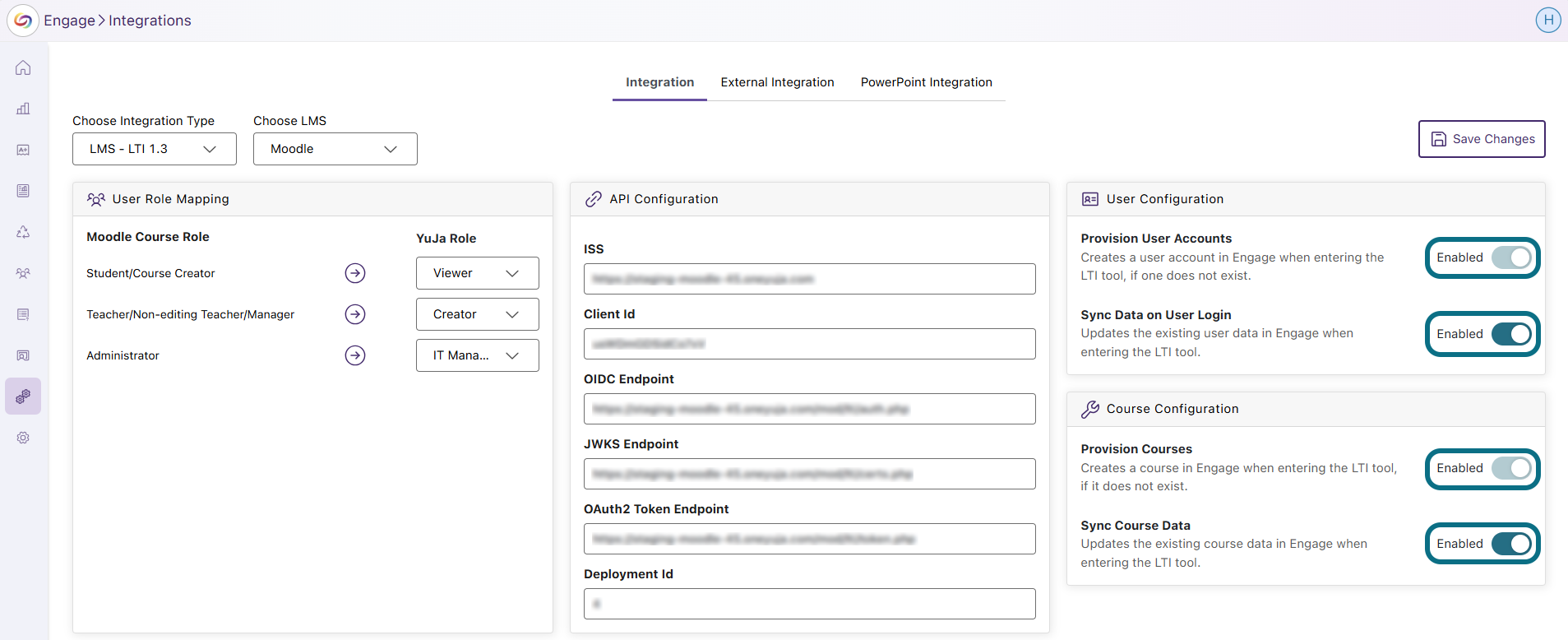 Engage enter the User and Course configurations